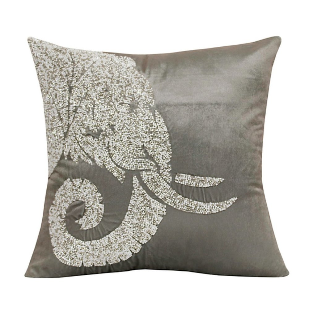 Elephant Pillow 18" x 18" Gray Silver Beaded